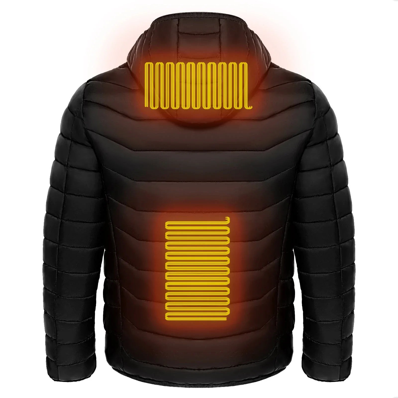 A warm, insulated puffer jacket with strategically placed heating elements to keep skiers cozy on the slopes.