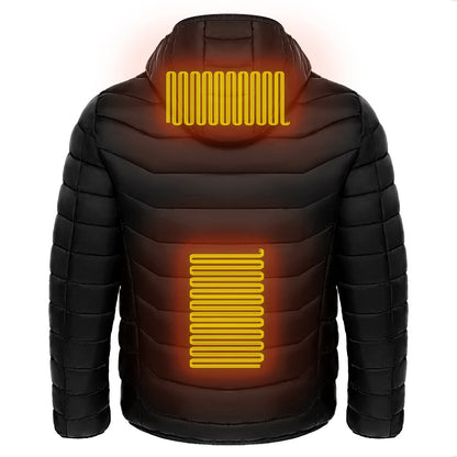 A warm, insulated puffer jacket with strategically placed heating elements to keep skiers cozy on the slopes.