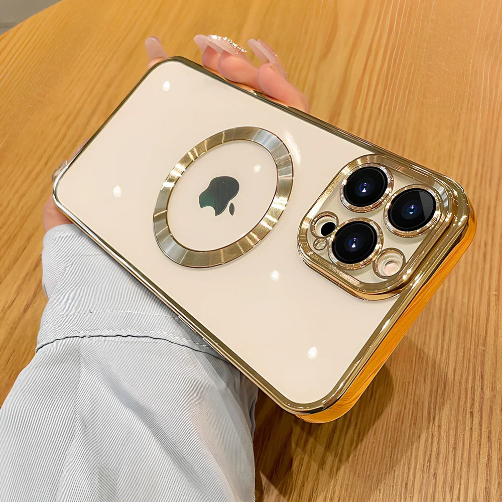 TPU transparent electroplating CD pattern magnetic phone case showing holographic effect on iPhone