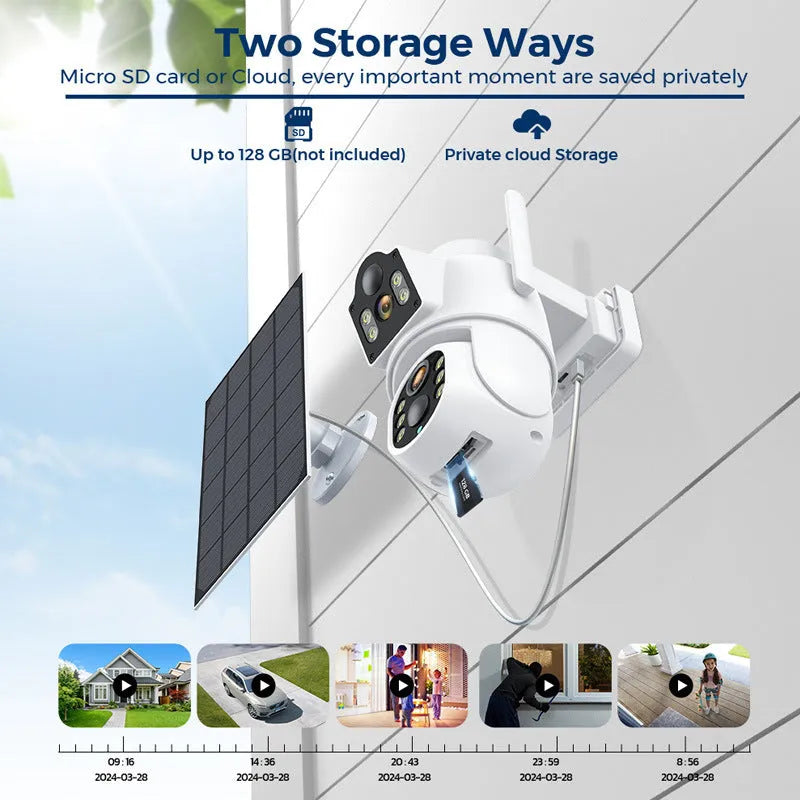 Outdoor solar WiFi security camera with solar panel, showing 4MP HD resolution and 20m monitoring range