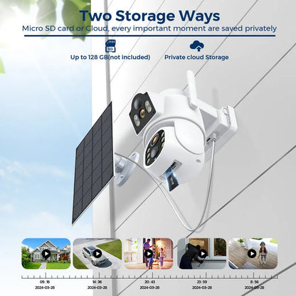 Outdoor solar WiFi security camera with solar panel, showing 4MP HD resolution and 20m monitoring range