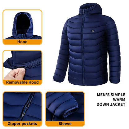 A warm, insulated puffer jacket with strategically placed heating elements to keep skiers cozy on the slopes.