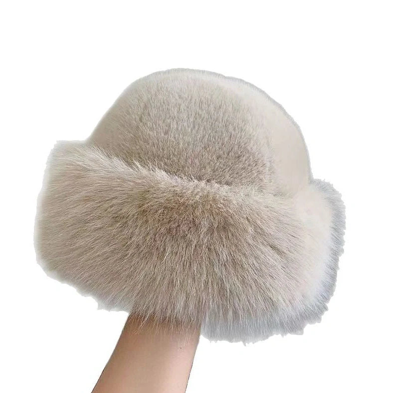 Plush Mongolian faux mink fur winter hat with dome top design in milky white colour
