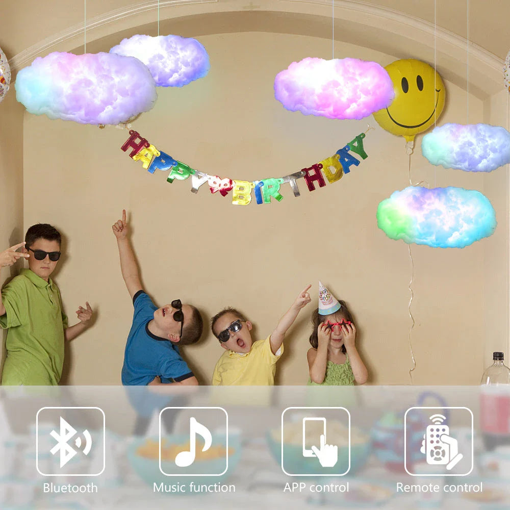 Magical cloud-shaped lighting fixture with color-changing LED lights and wireless music sync capability
