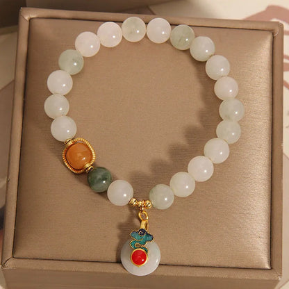 Ice jade crystal bracelet for women with Xiangyun peace jade buckle and pearl accents.