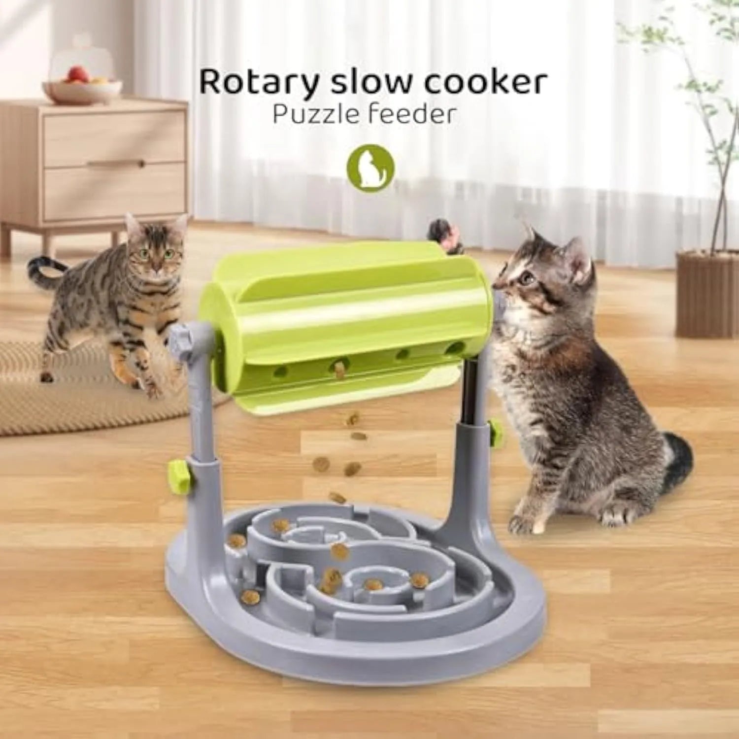 Blue adjustable height pet puzzle feeder with raised food tray patterns for slow eating