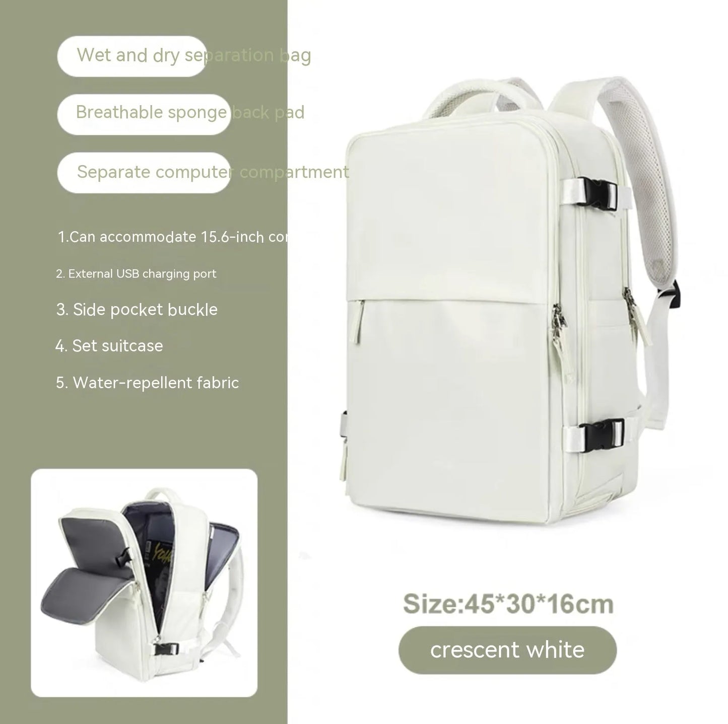 Large capacity waterproof mummy backpack in mint green colour with nylon material and 30-litre storage