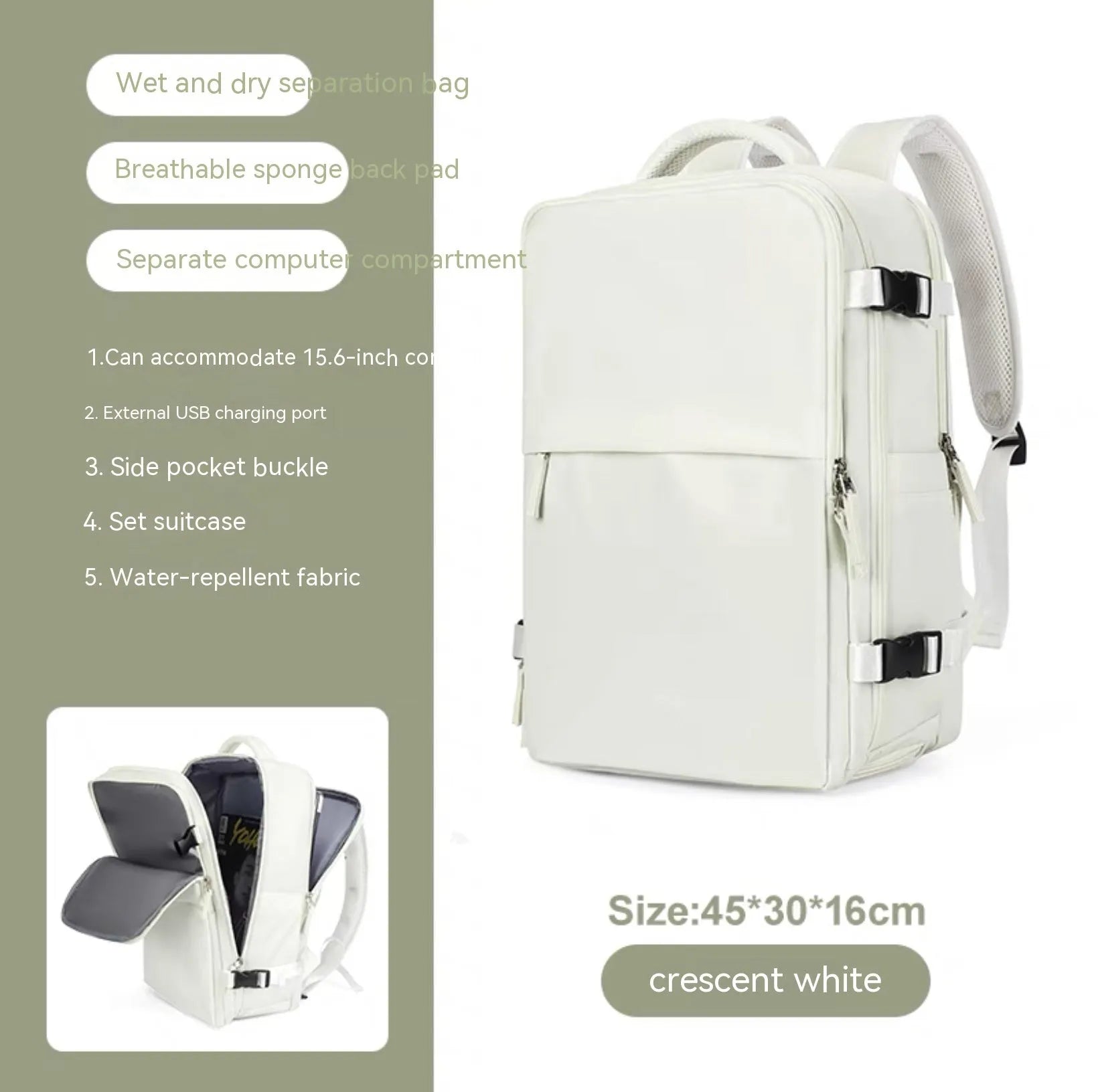 Large capacity waterproof mummy backpack in mint green colour with nylon material and 30-litre storage