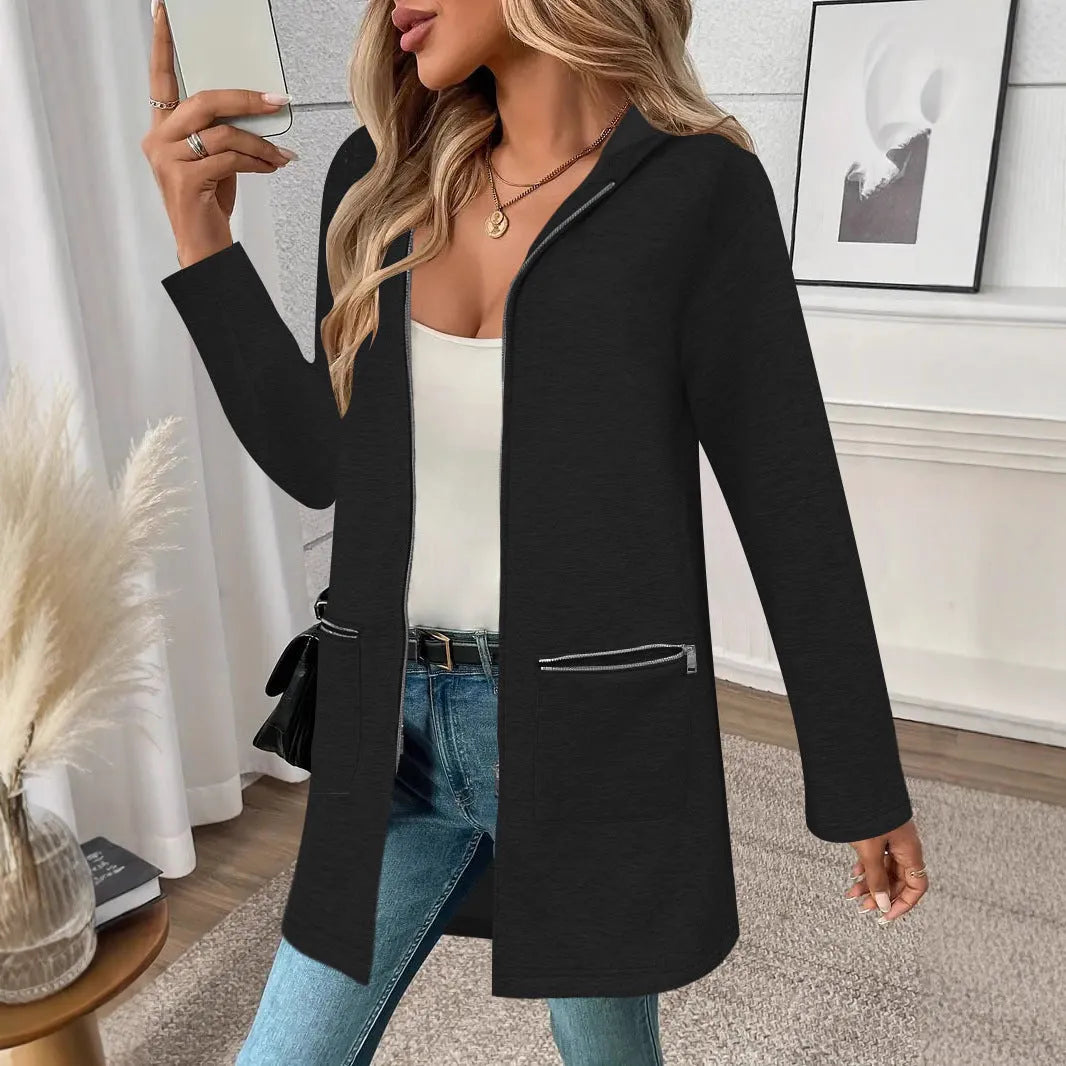 Loose mid-length cardigan coat for women in polyester fabric with pockets
