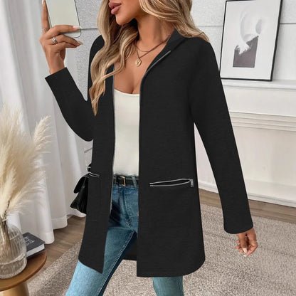 Loose mid-length cardigan coat for women in polyester fabric with pockets