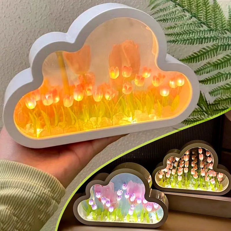 Tulip Night Lamp DIY Craft Kit with Decorative Mirror and LED Lights - 20 Colour Options Including Pink, Purple and Blue - Cloud Tulip Design Creative Desk or Bedroom Light Handmade Birthday Gift
