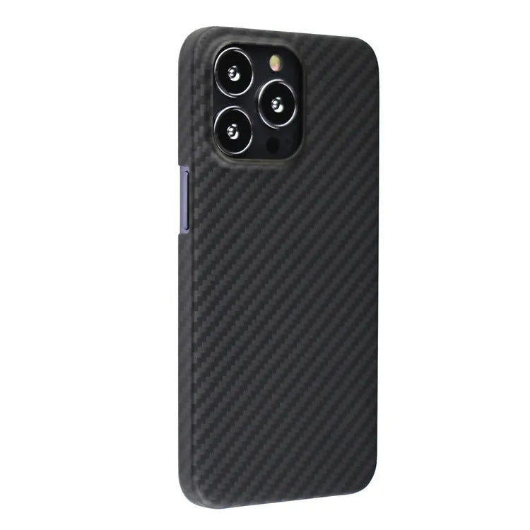 Dull black Kevlar fibre iPhone case with a stripe design on the back, shown on an iPhone model.