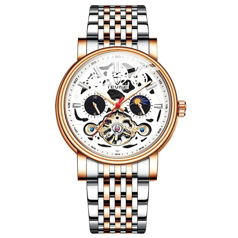 Men's tourbillon mechanical watch showing 16.5mm thickness with luminous hands and waterproof construction