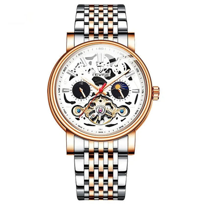 Men's tourbillon mechanical watch showing 16.5mm thickness with luminous hands and waterproof construction