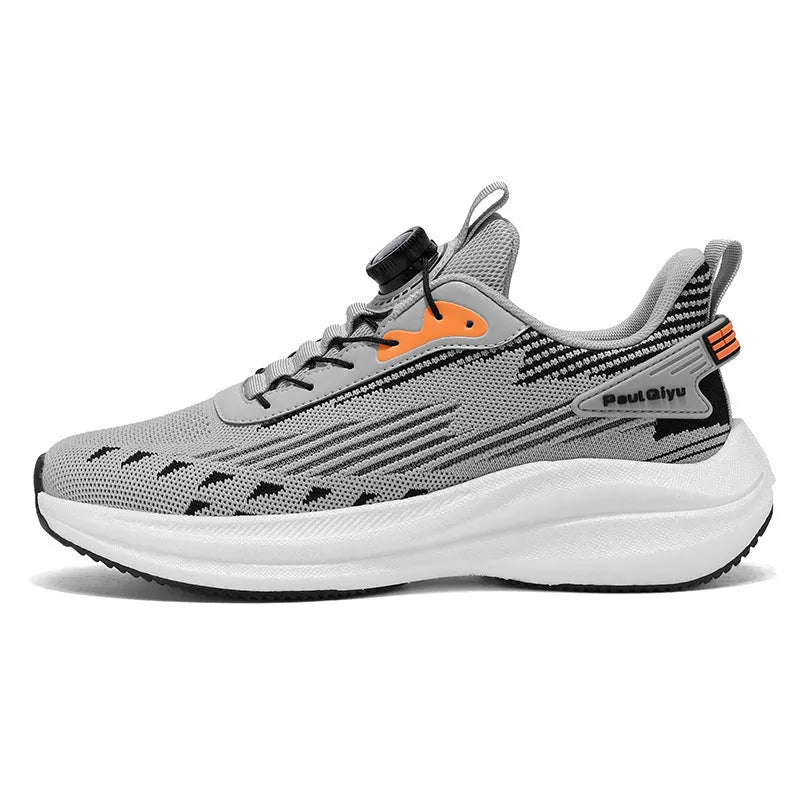Men's white green and grey rotating buckle Fly-kit mesh casual sports running shoes on a flat sole.