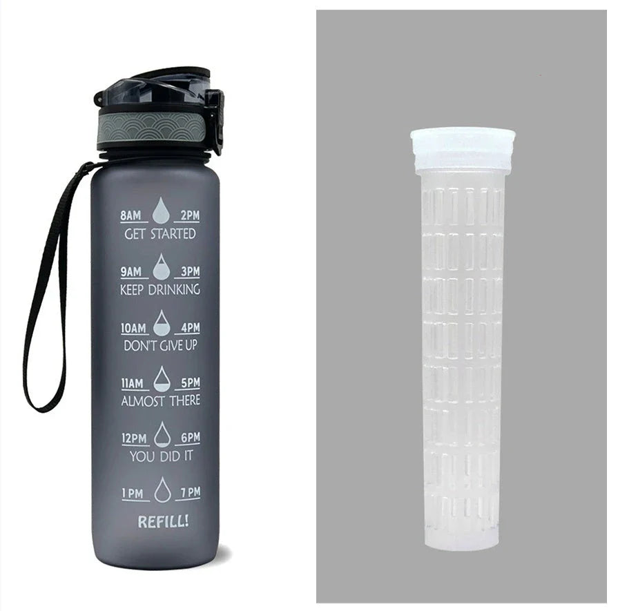 1-Liter Tritan Sports Water Bottle with Time Markers, Bounce Cover, and Motivational Design