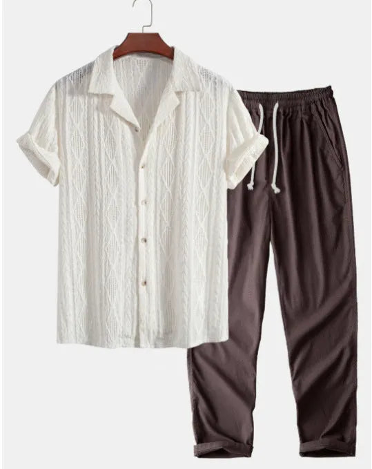 Slim-fit casual suit with digital camouflage print, short-sleeved lapel shirt, and matching trousers for leisure wear
