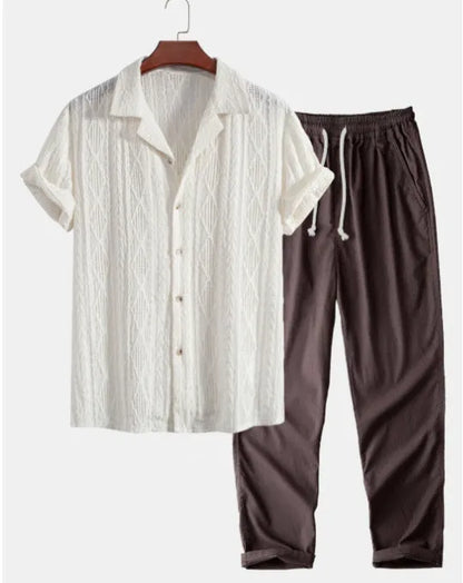 Slim-fit casual suit with digital camouflage print, short-sleeved lapel shirt, and matching trousers for leisure wear