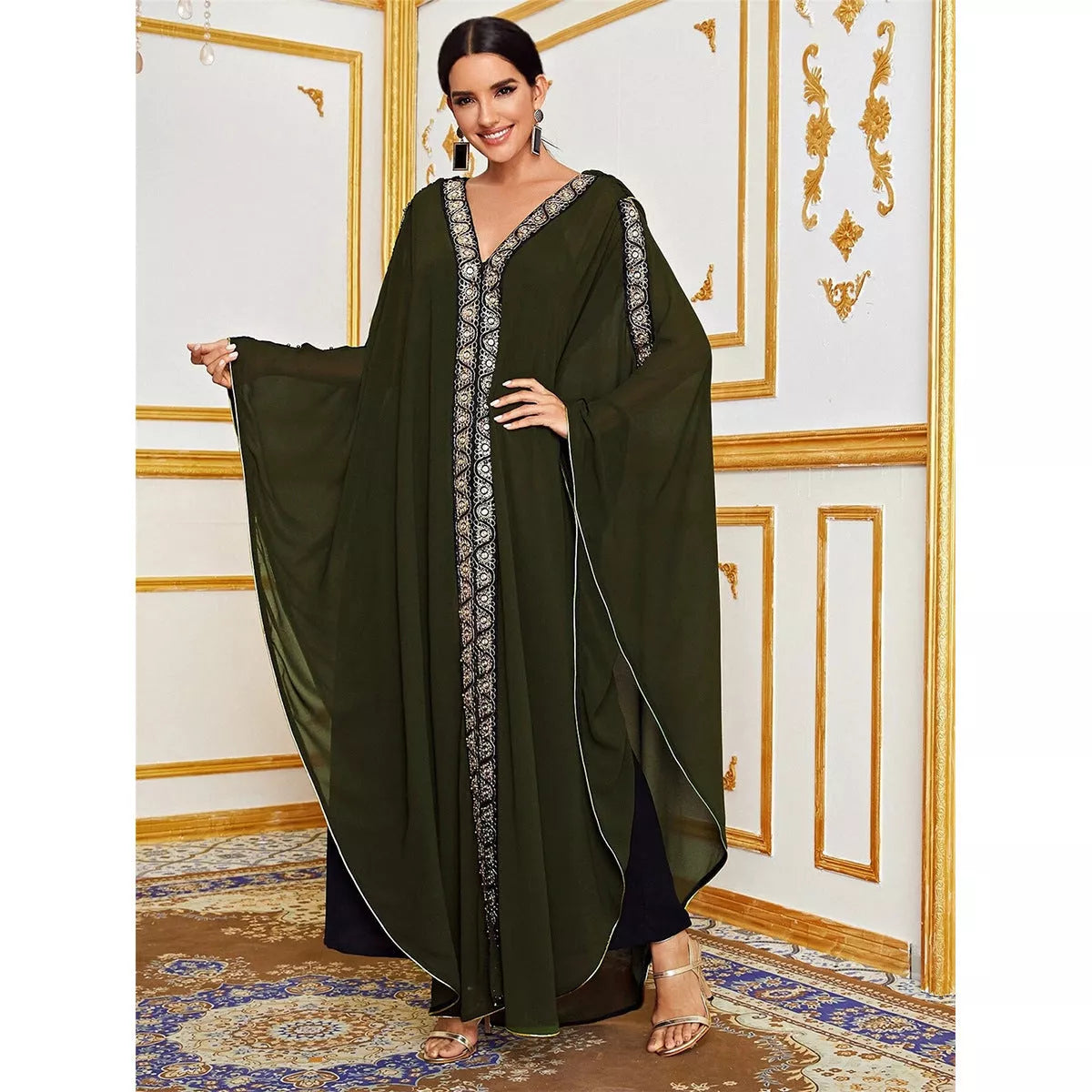Loose Muslim robe dress in chiffon fabric, available in green, black, red, dark red, and blue.