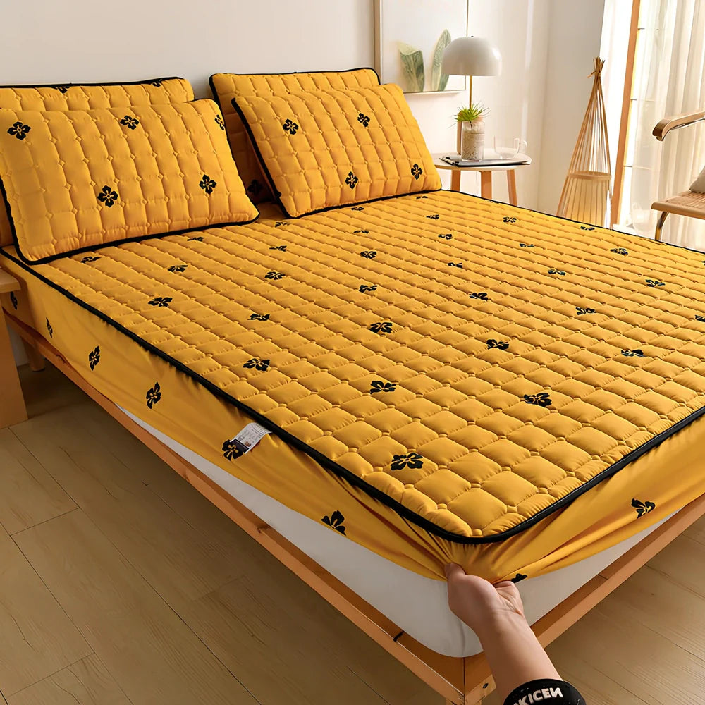 Mattress cover dust cover with brushed weave texture shown on bed, includes bed cover and pillowcase