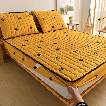 Mattress cover dust cover with brushed weave texture shown on bed, includes bed cover and pillowcase