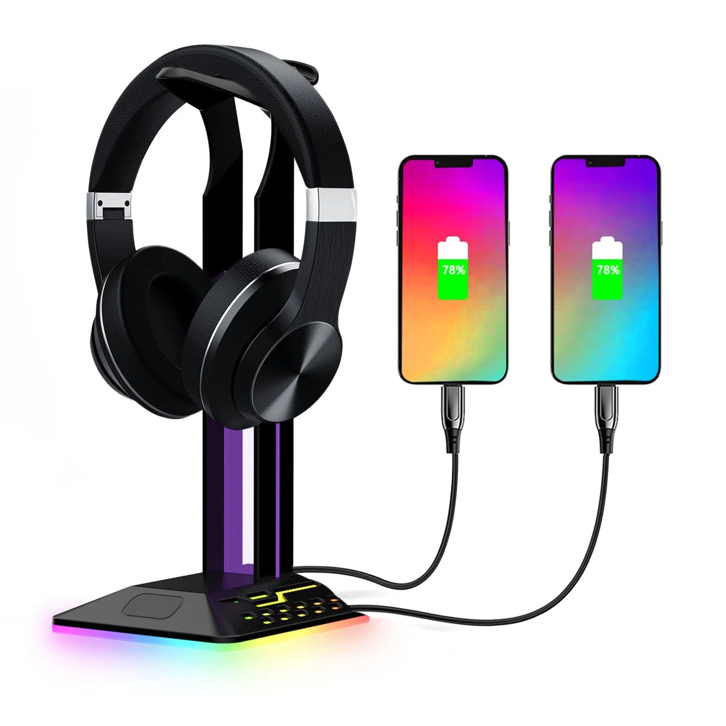 RGB headphone bracket with dual USB ports and colour changing LED lighting on acrylic stand