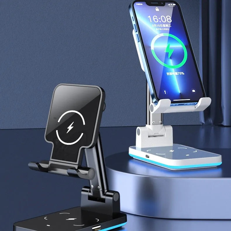 Black desktop wireless charging stand holding mobile phone at angle with power cord connected