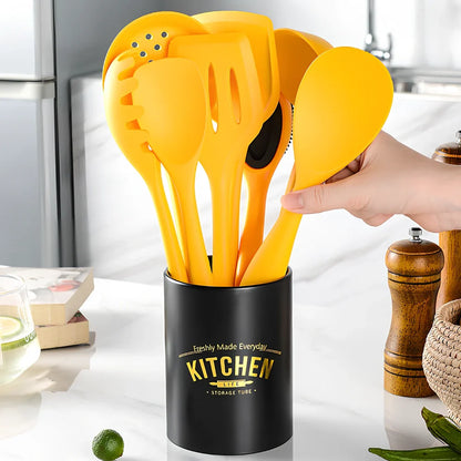 Yellow nonstick silicone nylon cooking spoon spatula, 28cm long with 8cm head for kitchen stirring and flipping