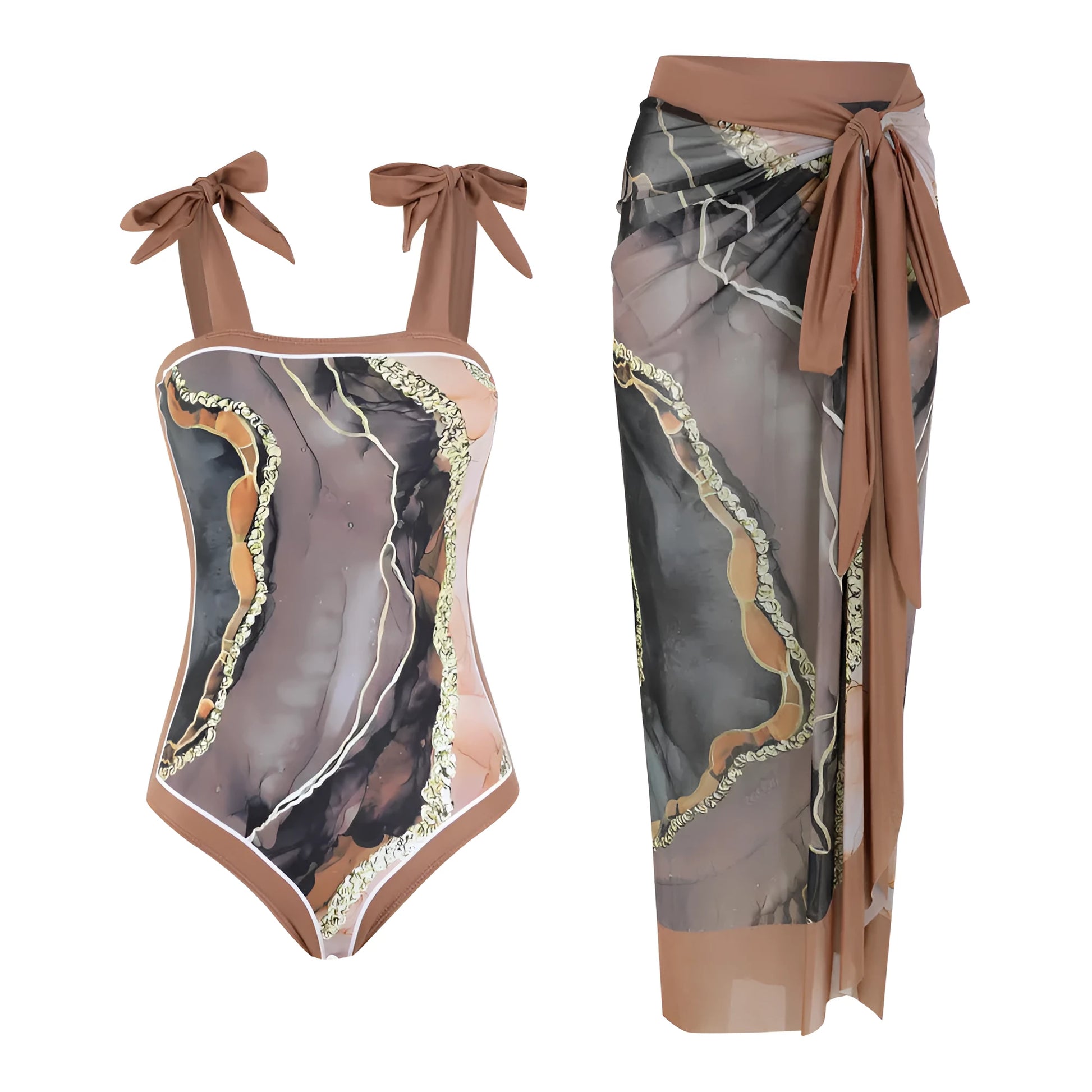 Floral mesh tube top conservative swimsuit with matching skirt in pink print