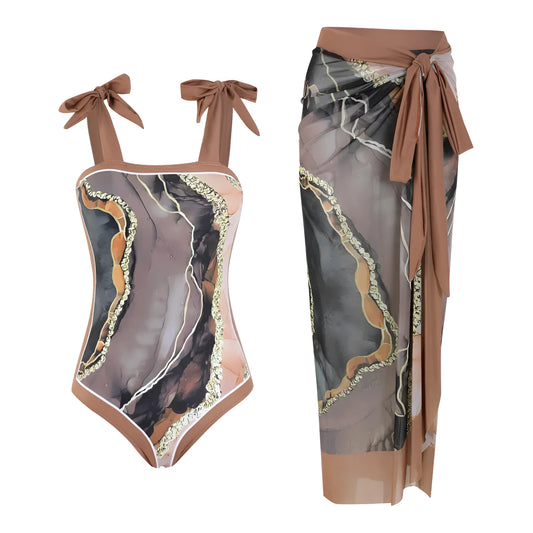 Floral mesh tube top conservative swimsuit with matching skirt in pink print