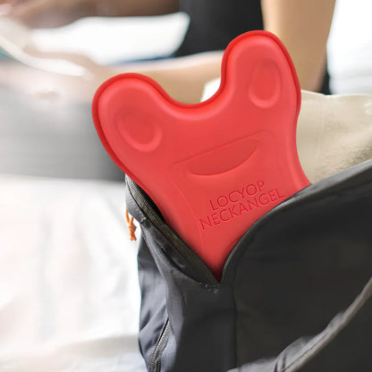 Red and grey EVA foam neck stretcher massager showing ergonomic curvature for cervical spine support