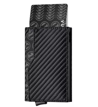 Leather credit card case with RFID blocking and double ID window in Black, Yellow Brown, Carbon Fiber Black, and Deep Coffee