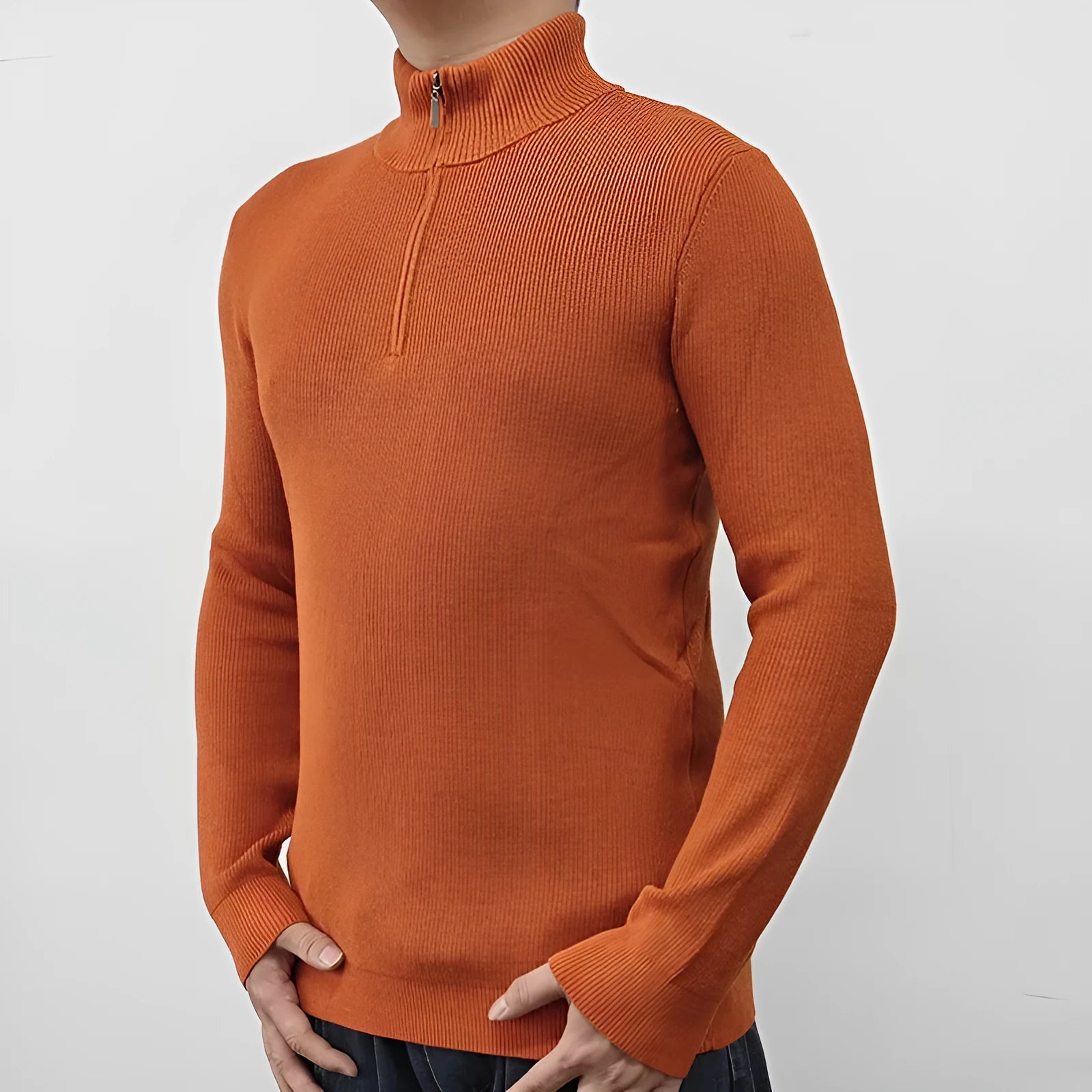 Men's black half-turtleneck zipper sweater with long sleeves, suitable for spring and autumn leisure wear