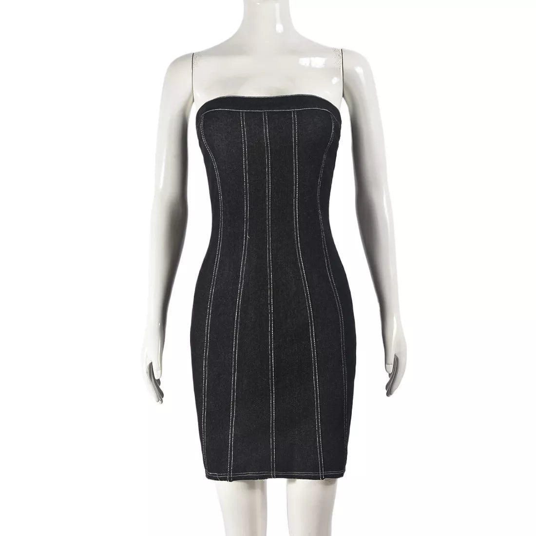 Backless tube denim dress in light blue, pink, and green for summer wear