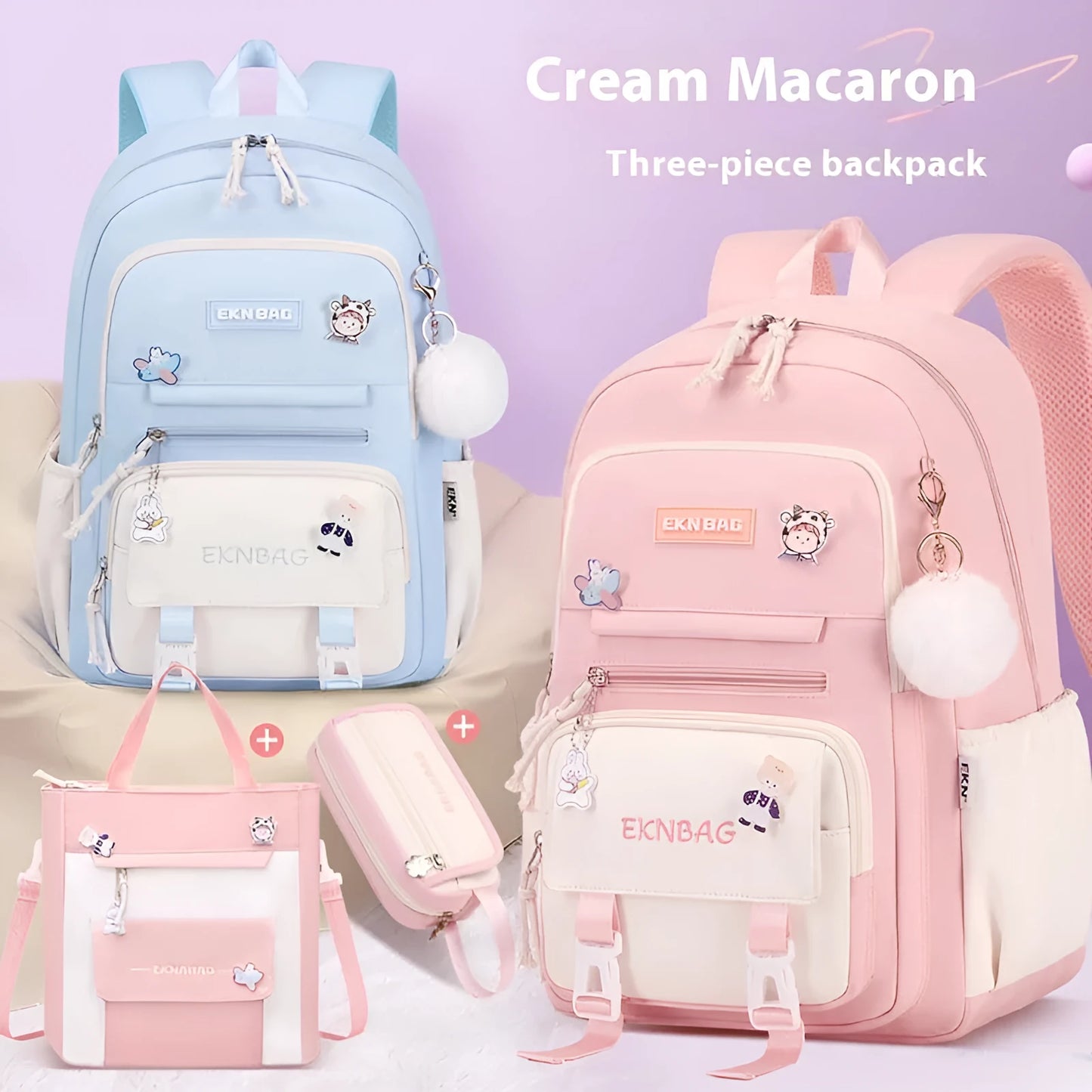 Pink waterproof Oxford cloth school backpack for girls with curved shoulder straps, shown with matching pencil case.