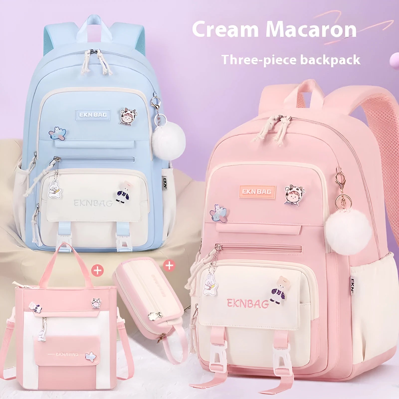 Pink waterproof Oxford cloth school backpack for girls with curved shoulder straps, shown with matching pencil case.
