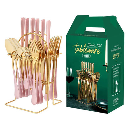24-piece stainless steel cutlery set with knives, forks, spoons, and teaspoons on a storage rack in a gold finish.