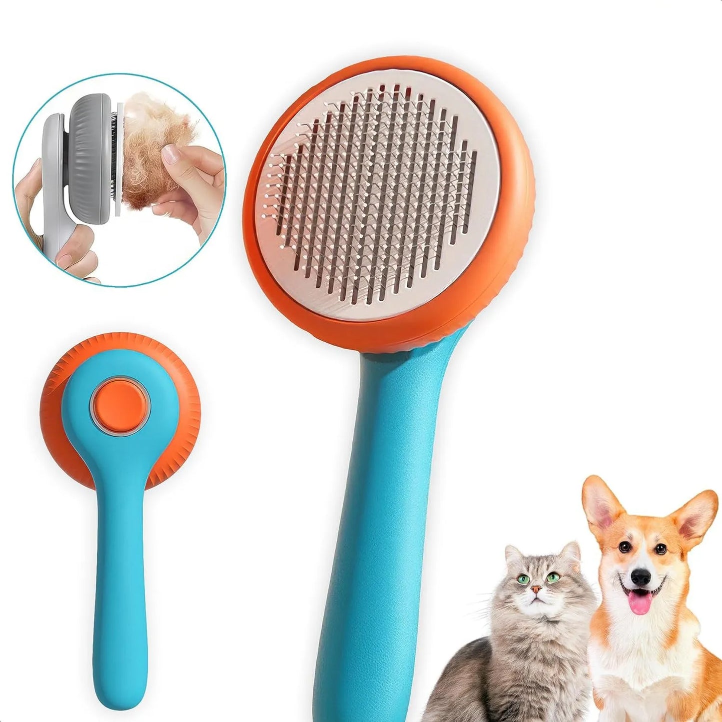 Blue and white self-cleaning pet grooming brush with massage function for cats and dogs.