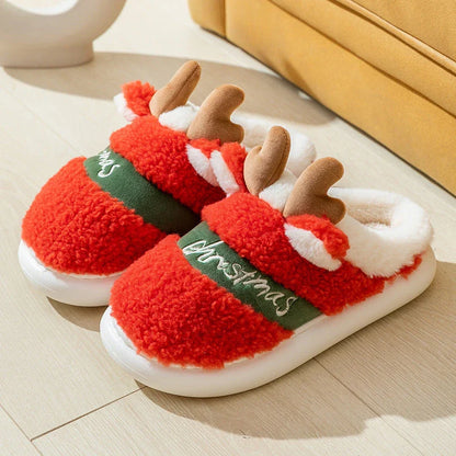 Cozy elk-themed slippers with plush suede uppers and supportive EVA soles in a variety of dreamy colors