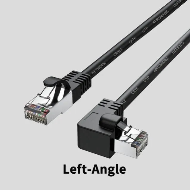 Black Cat6 Ethernet cable with a right-angled metal RJ45 connector, showing the 90-degree bend and cable length.