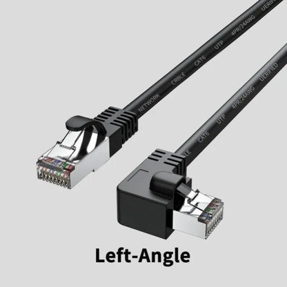 Black Cat6 Ethernet cable with a right-angled metal RJ45 connector plugging into a network switch port.