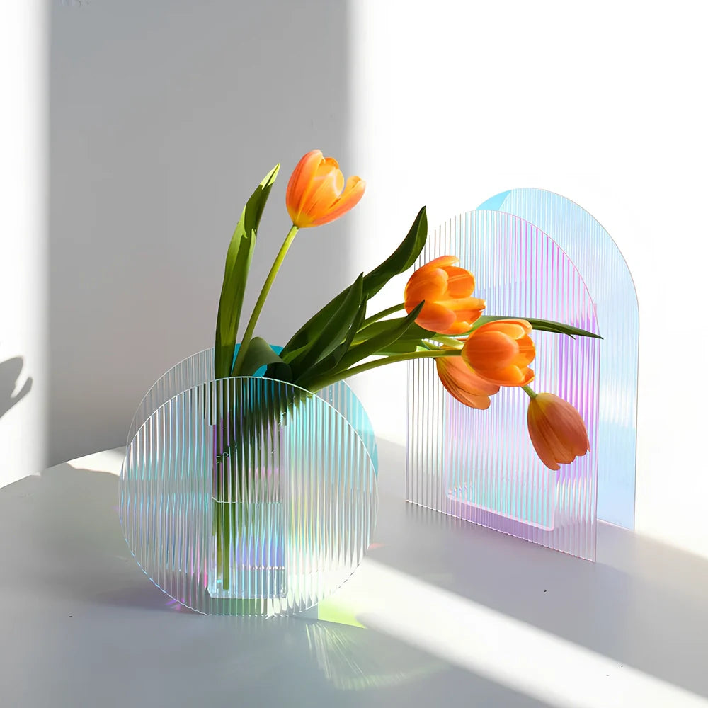 Nordic minimalist acrylic vase with polished corrugated surface, 20cm height