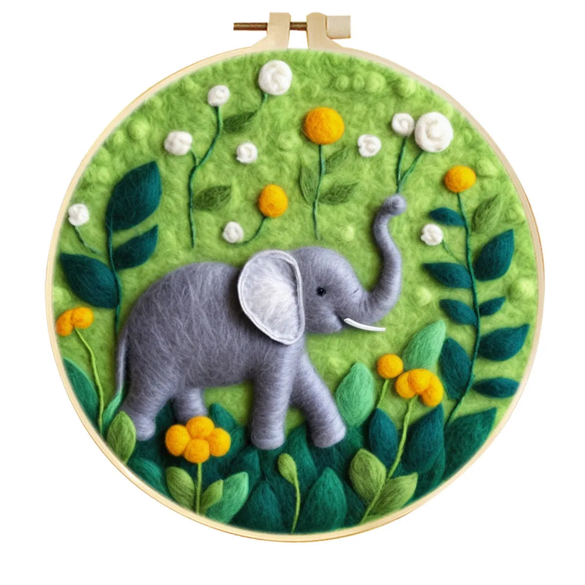 Round fabric embroidery kit with 20x20cm linen frame and wool felt for three-dimensional floral artwork