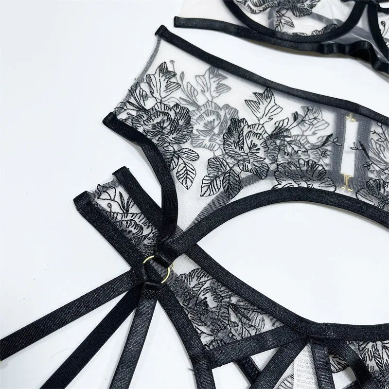 Women's black lace mesh floral print three-piece set showing top, pants and waist ring