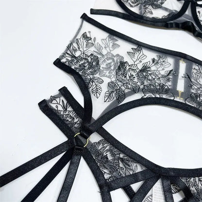 Women's black lace mesh floral print three-piece set showing top, pants and waist ring