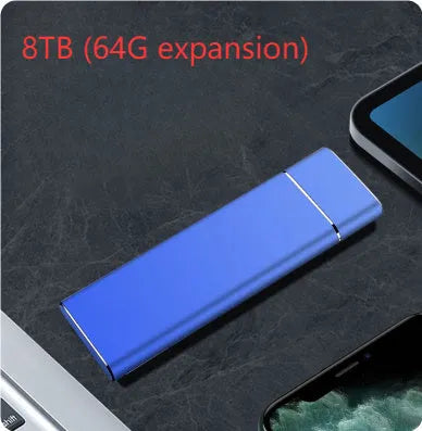 Sapphire blue portable solid state hard drive with metal case measuring 10.3cm
