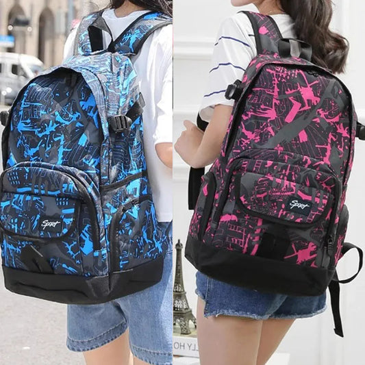 Blue classic nylon backpack with multiple compartments and adjustable straps, shown with laptop sleeve