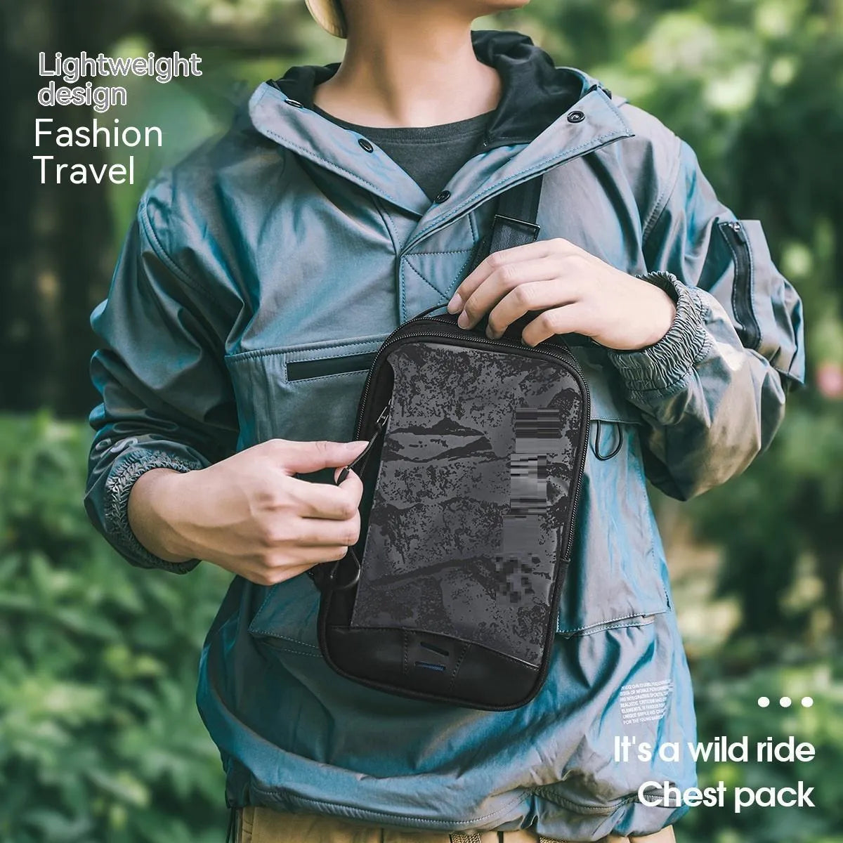 Casual black TPU camouflage chest bag with single shoulder strap and soft handle in square vertical model