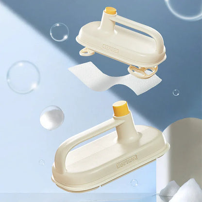 Disposable magic cleaning brush with plastic handle, storage box, and 50 white non-woven rag refills.