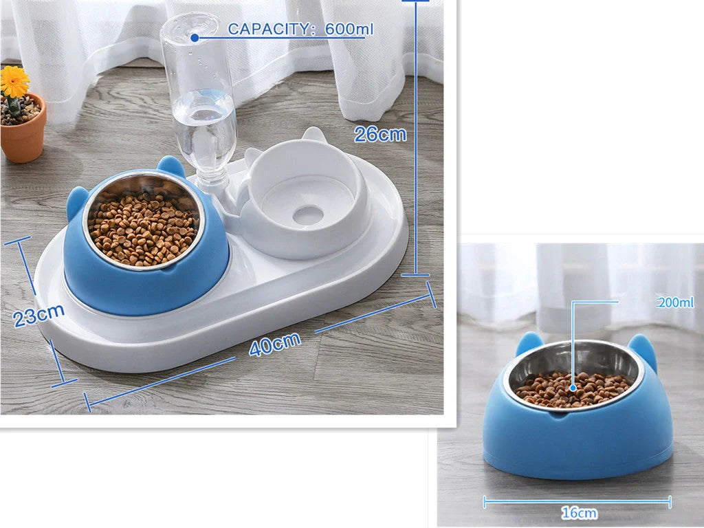 Stainless steel pet bowl with 15° tilt for cervical spine health, available in multiple colors